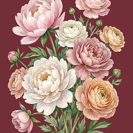 Romantische pioenroos Ranunkel Aquarel op Bordeaux van Max Steinwald