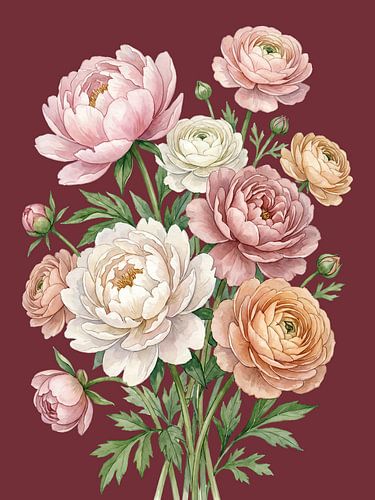Romantische pioenroos Ranunkel Aquarel op Bordeaux