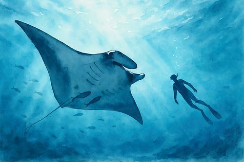 Snorkelen met een mantarog (AI) (duiker, ontmoeting, reizen, onderwater, avontuur, wilde dieren, reuzenmanta, Mobula birostris)