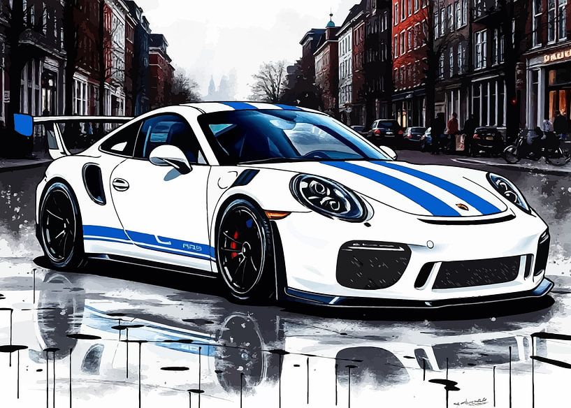 The Porsche 911 GT3 RS White and Blue Stripes 2 by MIROKKU