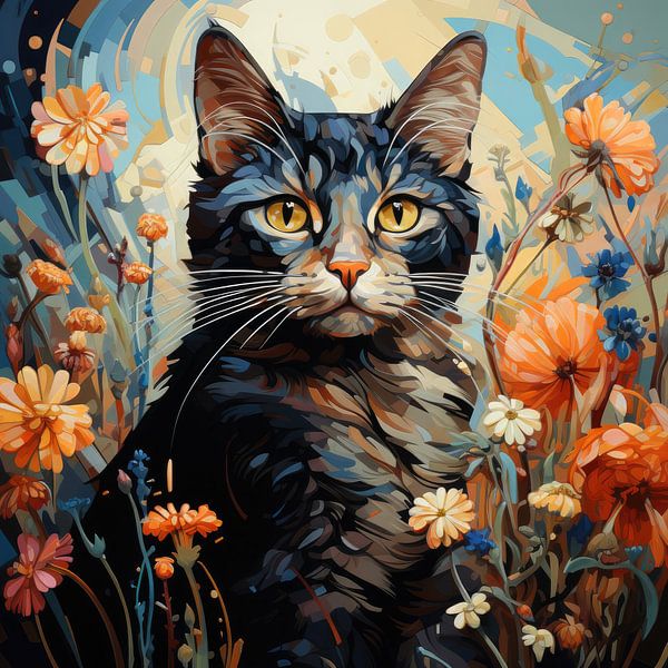 Black Cat and Flowers inspired by Vincent van Gogh by Erika Kaisersot