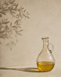 Rustic Olive Oil Bottle Still Life with Leaf Shadows by MARTINA KUSUMA DEWI