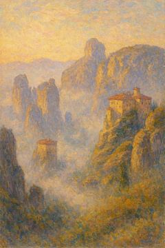 Meteora Monasteries Floating Rocks – Mystical Greece Impressionist Art by Travel Shop