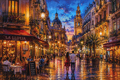 Gemälde „Valencia am Abend“ – Eine wunderschöne Stadt in Spanien. von Johannes