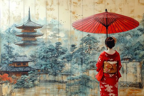 japanse kunst Geisha en tempel