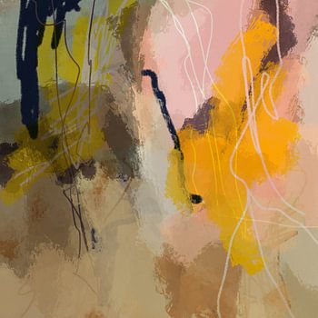 Modern abstract kleurrijk schilderij in pastelkleuren. Geel, roze, bruin, mosterd.