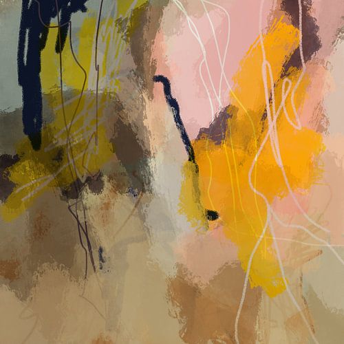 Modern abstract kleurrijk schilderij in pastelkleuren. Geel, roze, bruin, mosterd.