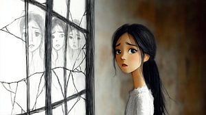 Melancholische Frau vor zerbrochenem Glas