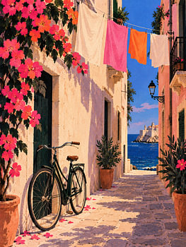 Gasse am Meer – Fahrrad & Wäscheleine