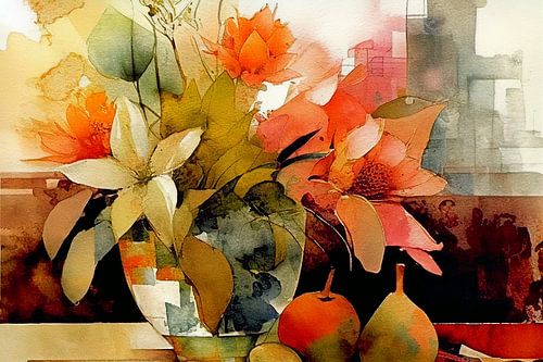 Aquarel Stilleven, fruit en bloemen