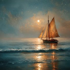 Olieverf Schilderij Zeilboot in Zacht Maanlicht van Peter Pen tekeningen en schilderijen