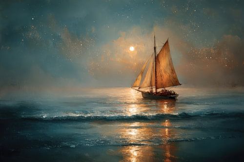 Oil Painting Sailboat in Soft Moonlight by Peter Pen Drawings and Paintings