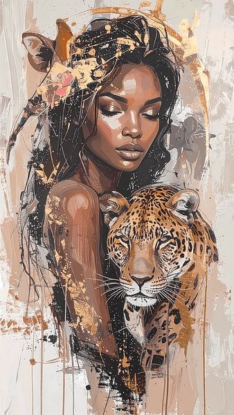 Woman with leopard - art in earth tones by Emiel de Lange