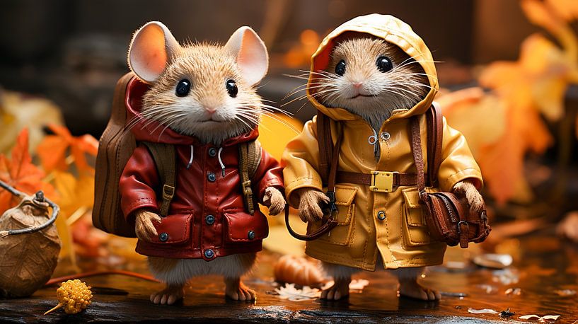 Un couple de souris se promène dans la forêt de feuillus en automne ,Illustration par Animaflora PicsStock