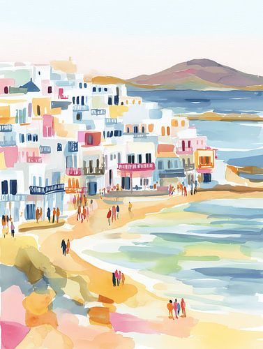 Watercolour painting of a coastal town in Greece – beach & white houses