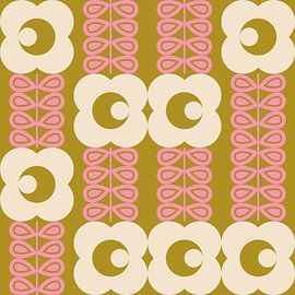 Retro jaren 70 vintage stijl kunstwerk in mosterdgeel, roze en wit van Dina Dankers