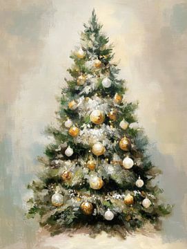 Gold-weißer Weihnachtsbaum im klassischen Malstil mit sanften Wintertönen