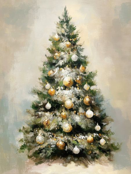 Gold-white Christmas tree in classic painting style with soft winter tones by But First Framing