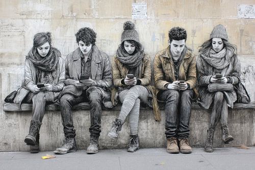 Graffiti Jongeren op Bank – Smartphone Street Art