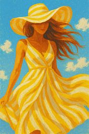 Woman in yellow and white summer dress