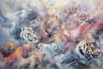 Wild Cats Socializing | Expressionstisch Schilderij van Blikvanger Schilderijen