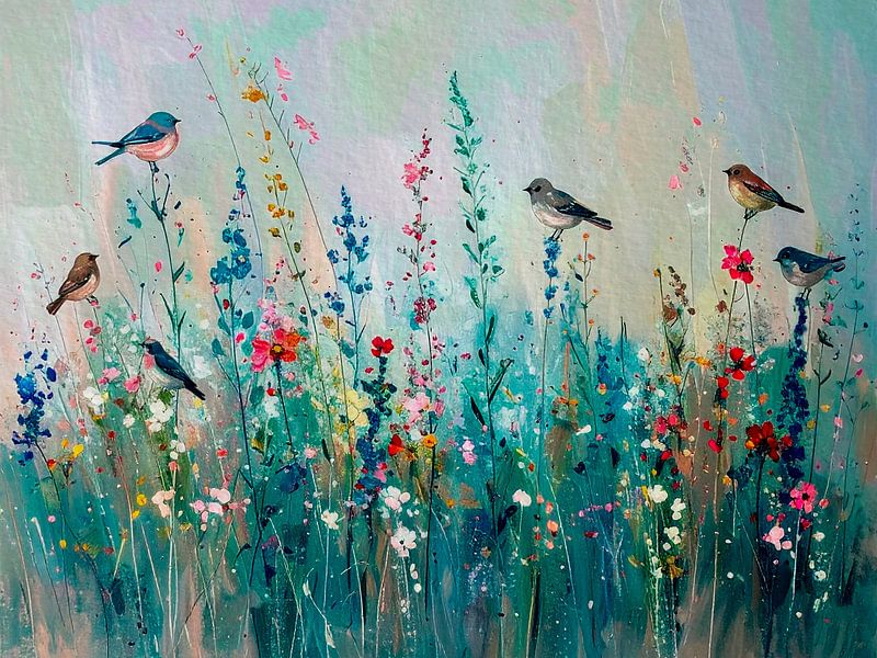 Peinture moderne avec des fleurs, des herbes et des oiseaux par Studio Pieternel