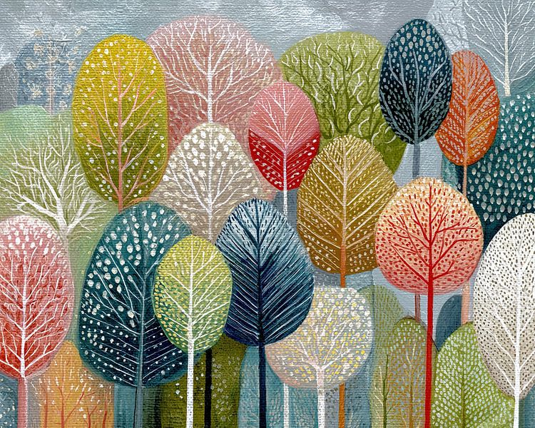 Kleurrijke Bomen | Forest of Colorful Dreams van Bloemen Studio