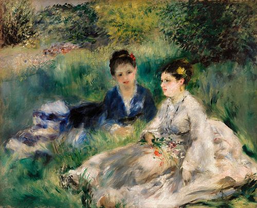 Jonge vrouwen zittend in het gras, Renoir (1873)