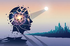 Shattered Head Silhouette with Nebula and City Skyline by Markus Gann