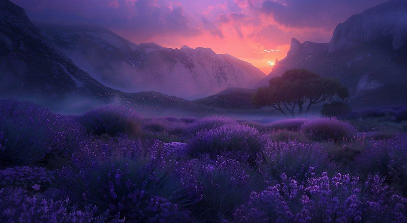 Dageraad over lavendel van fernlichtsicht