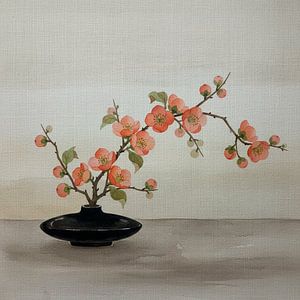 Japandisches Stillleben: Vase mit khakifarbenen Blütendoldenzweigen