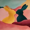 Panorama abstrait aux couleurs douces représentant des lapins en train de s'embrasser sur TheXclusive Art