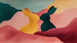 Romantic kissing rabbits in soft colours: an abstract panorama