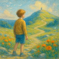 The Far Hill. Boy at the beginning of a path. On purpose, distance and inner courage
