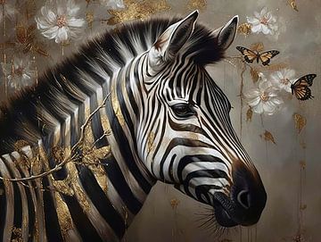 Gouden Strepen: Een Elegante Zebra in Fine Art van Eva Lee