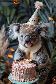 Grappige koala viert verjaardag met taart en hoed van Felix Brönnimann