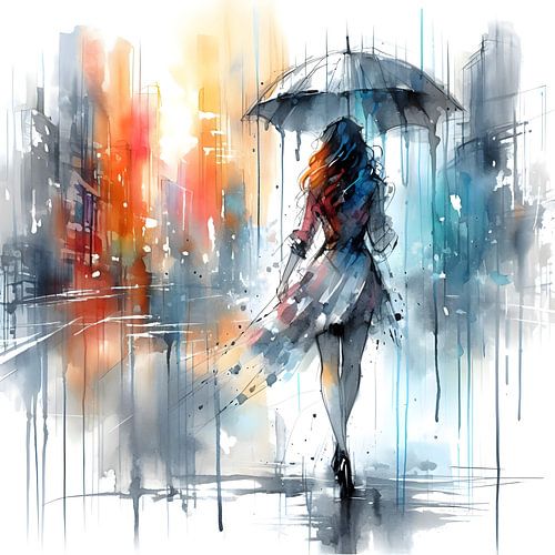 Lady with umbrella in town