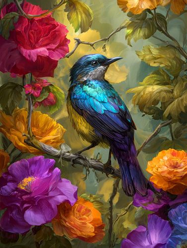 Colourful bird among blooming flowers by But First Framing