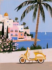 Mediterranean coast with a yellow scooter by Lina van Oers