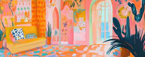 Summer Garden Painting with Yellow Bench by Eye catching paintings