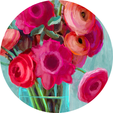 Zomerschilderij. Schilderij met bloemen in rode en azuurblauwe tinten. Abstracte bloemen. van Hella Maas