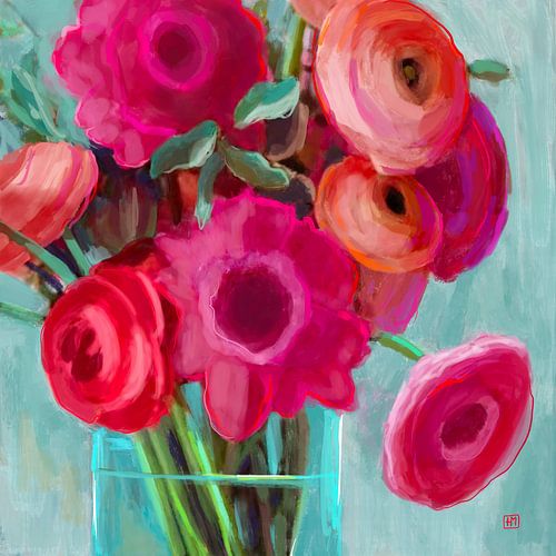 Summer painting. Painting with flowers in red and azure tones. Abstract flowers.