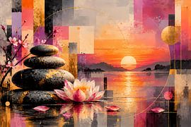 Zen-stenen met lotus bij zonsondergang | Abstracte wellnesskunst in roze, oranje & en goud | Poster in liggend formaat van ButterflyPix