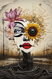 Frauenkopf in einem Baum mit Zweigen und Blumen verschlungen von Laila Bakker