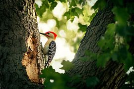 Great spotted woodpecker on tree trunk by Poster Art Shop