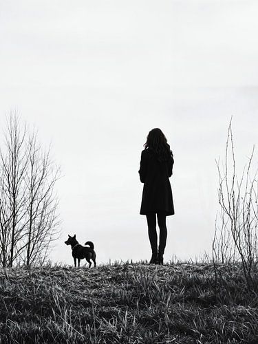 Monochrome silhouette of a woman and dog