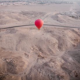 Red Hot Air Balloon sunrise Temples with road Luxor, Egypt by Hannah Hoek