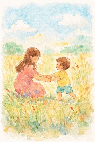 Moeder en zoon in een zomerse weide