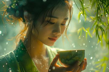 Une jeune Japonaise boit du thé dans un bol sur Animaflora PicsStock