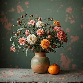 Ein Stillleben mit Dahlien's, einem Blumenstrauß und ländlichen Motiven in einer Keramikvase. von Studio Jet